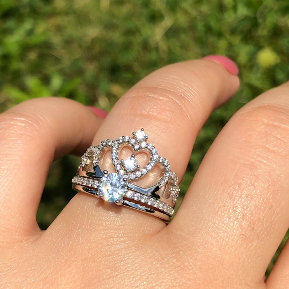 925 Sterling Silver Crown CZ Engagement Ring Set - Picture 4 of 14